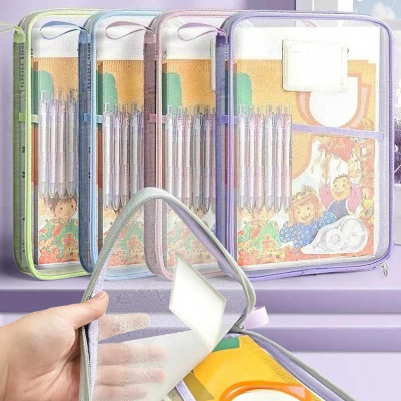 A4 ตาข่ายแฟ้มกระเป๋า 3 ชั้นขนาดใหญ่ความจุ L รูปร่างเปิดโปร่งใส Organizer นักเรียนสอบโฟลเดอร์เอกสารกระเป๋าเก็บ