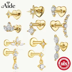 AIDE Heart Round Ball Flat Helix Piercing Earring 925 Sterling Silver Ear Studs Geometric Zircon Exquisite Trinket Studs Aretes