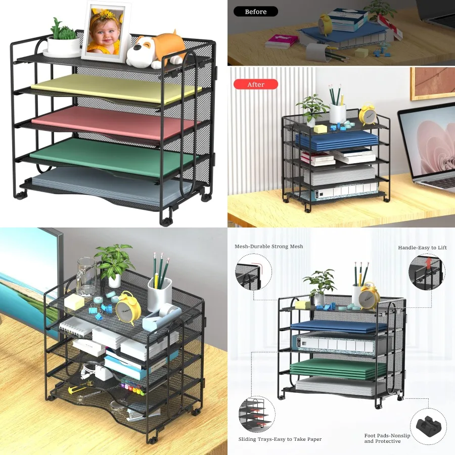 5-Tier Black Mesh Stackable Paper Organizer with Adjustable Letter Tray for Home Office Ideal for Document Storage and Sorting