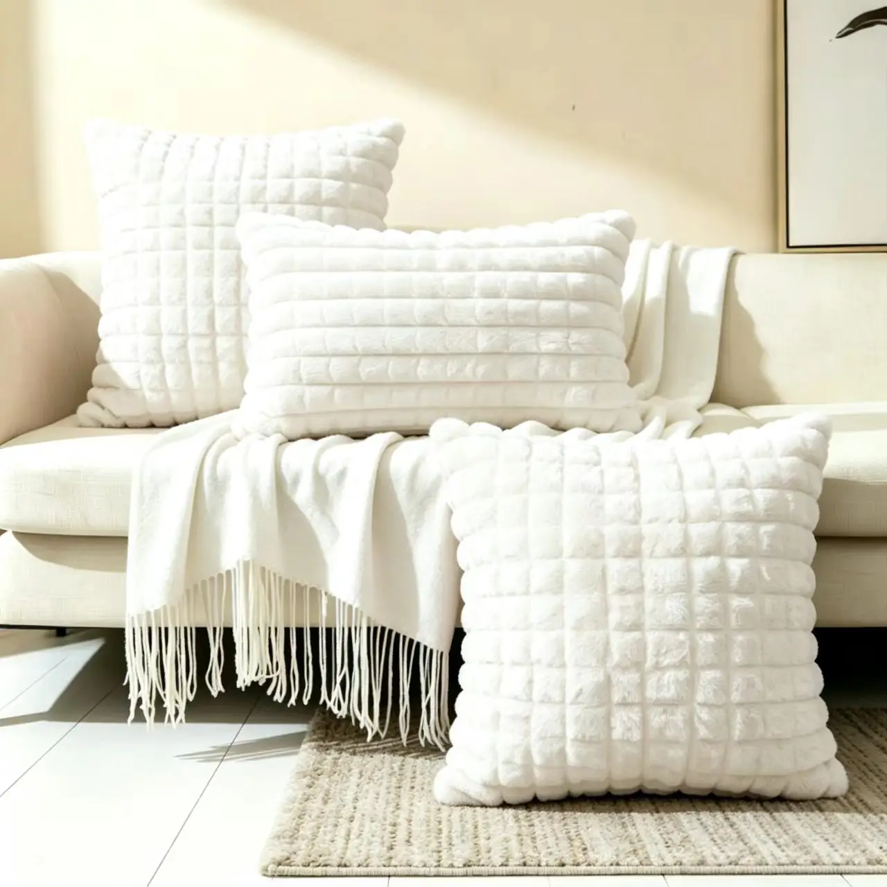 2 Square 1 Lumbar Plush Grid Throw Pillow Covers Soft Bubble Fuzzy Cushion Cases Decorative Pillow Shells for Sofa Bedroom Home