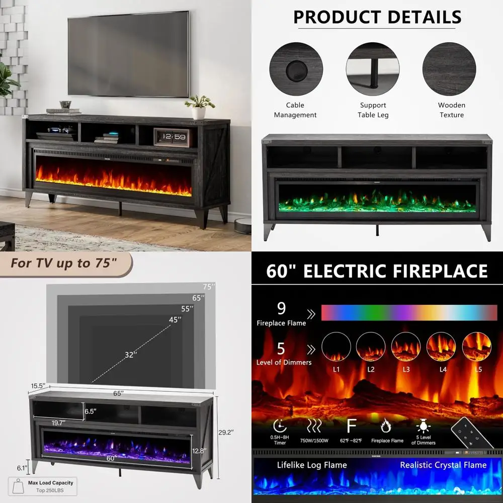 

Rustic 65 TV Stand with 60 Tempered Glass Electric Fireplace, Vintage Media Console