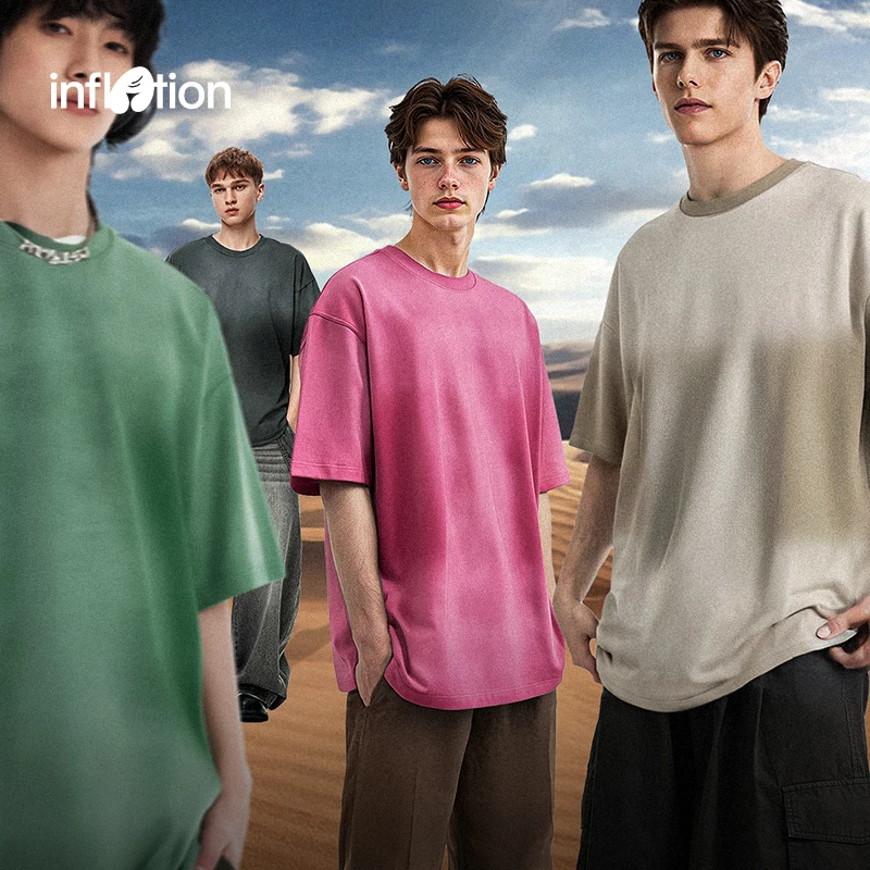

INFLATION Men's 270GSM Washed Gradient T-Shirt Vintage Oversized Cotton Tee Distressed Streetwear Short Sleeve