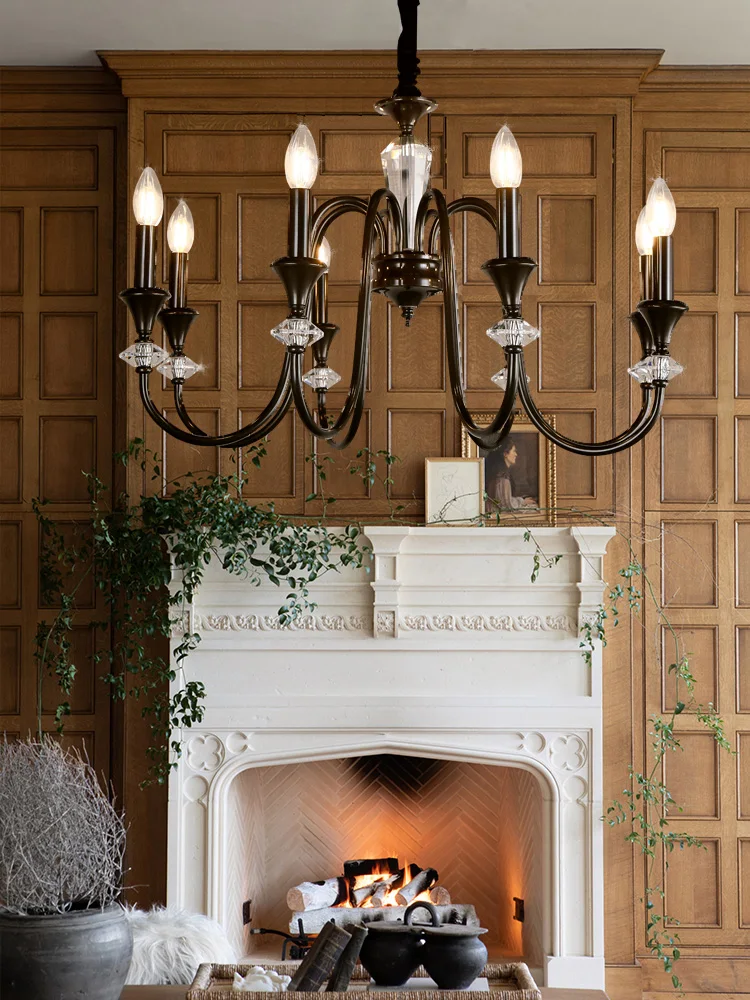 French retro candle chandelier, black American style, ancient and southern style living room lighting fixture