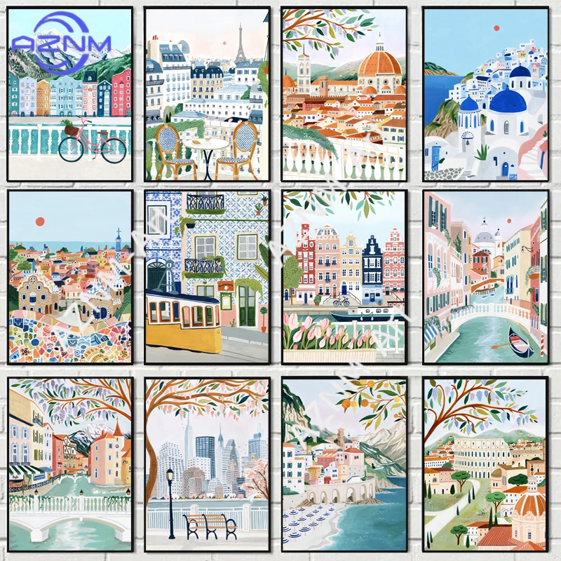 Travel Cities Poster Print Amsterdam Seville London Paris Canvas Painting Wall Art Picture Nordic Style Bedroom Home Decor