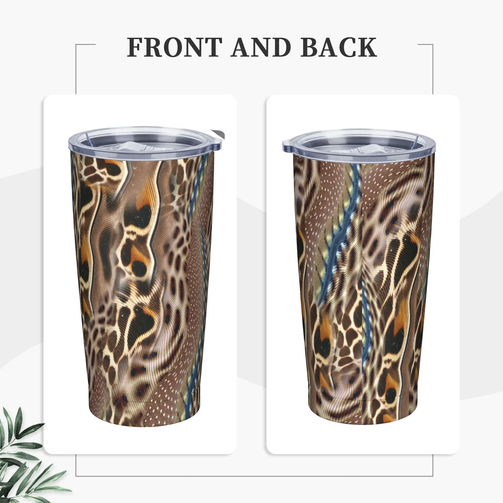 Feathered Leopard Pattern Insulated Tumbler with Lid  Vacuum Thermal Mug Office Home Car Bottle Cups, 20oz
