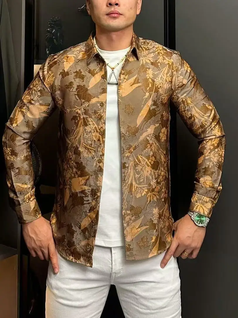 

High Quali Faionable Casual Men's irt Autumn Winter New Sle Versatile Printed Polyester Cotton Blend Long Sve Slim...