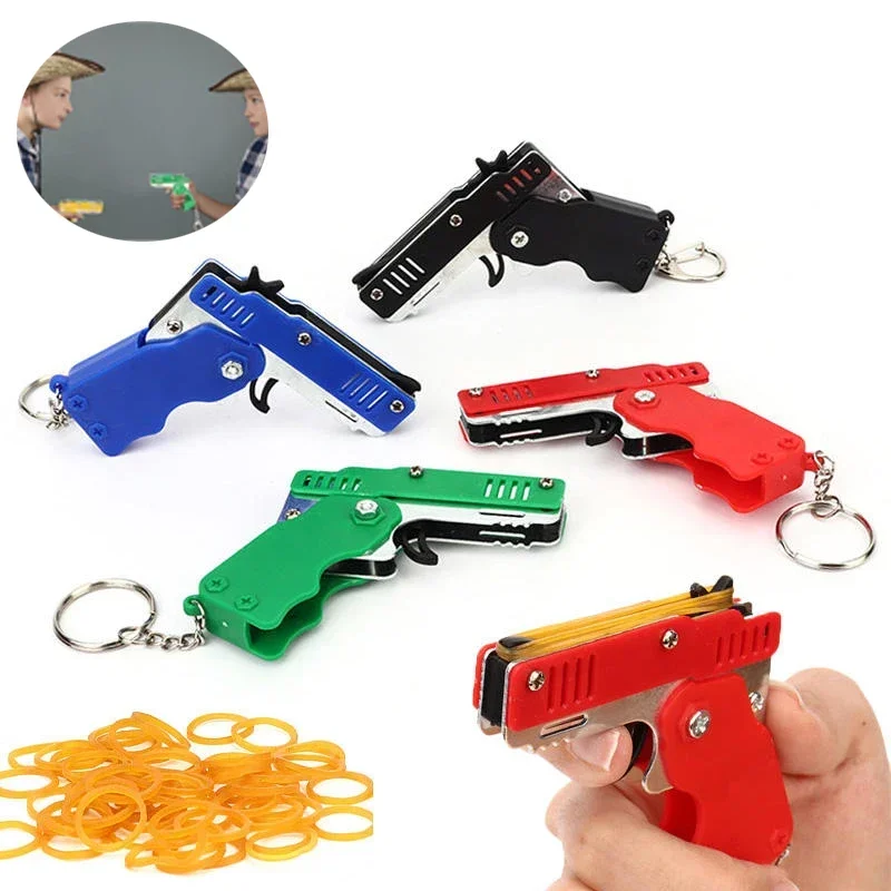 1pcs Metal Burst Rubber Band Toy - Mini Folding Launcher Toy With Keychain And 60pcs Rubber Bands,Perfect Gift for Christmas