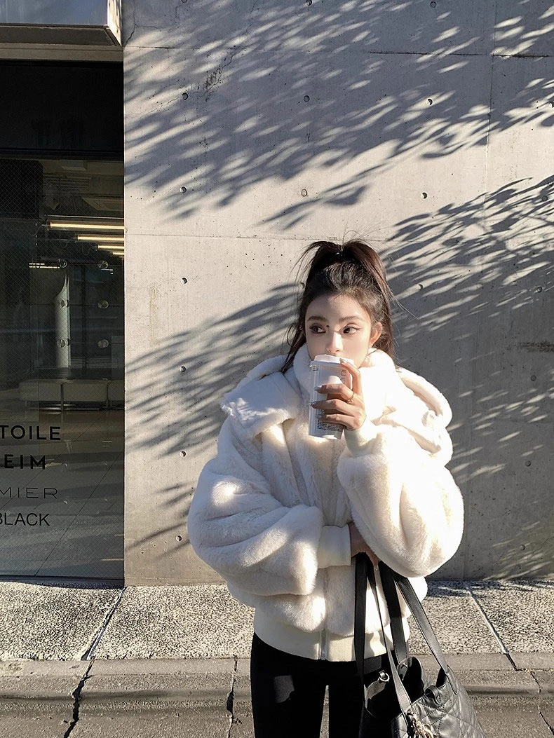 Women's Autumn Winter Faux Mink Hair Long Sleeve Warm Loose Coat Lady Streetwear Hooded Fluffy Thick Short Outwear Top