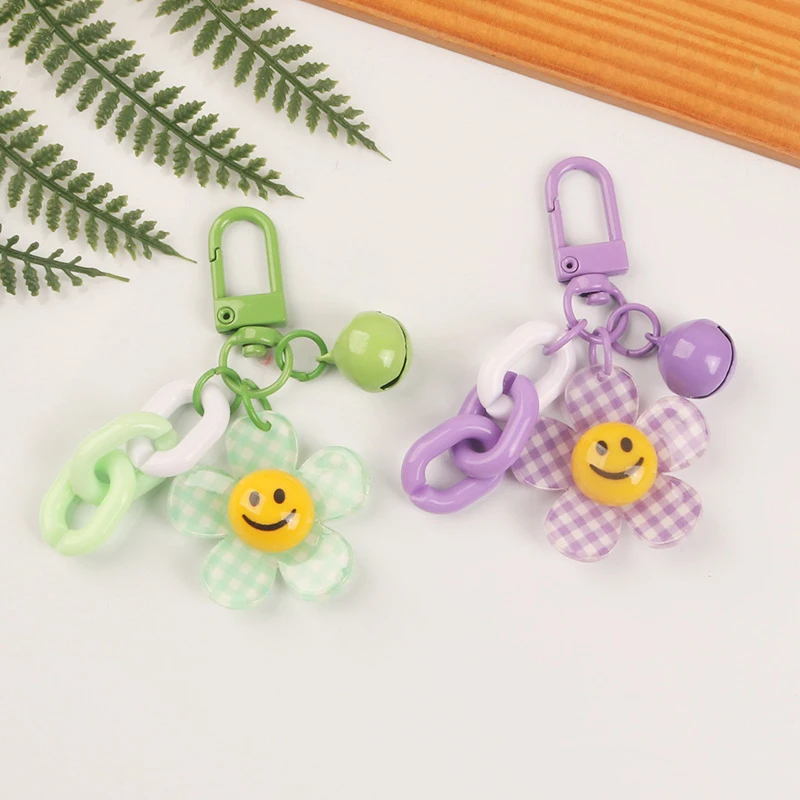 Lovely Sunflower Smiling Bell Pendant Keychain Women Candy Color Bag Key Charms For Gift