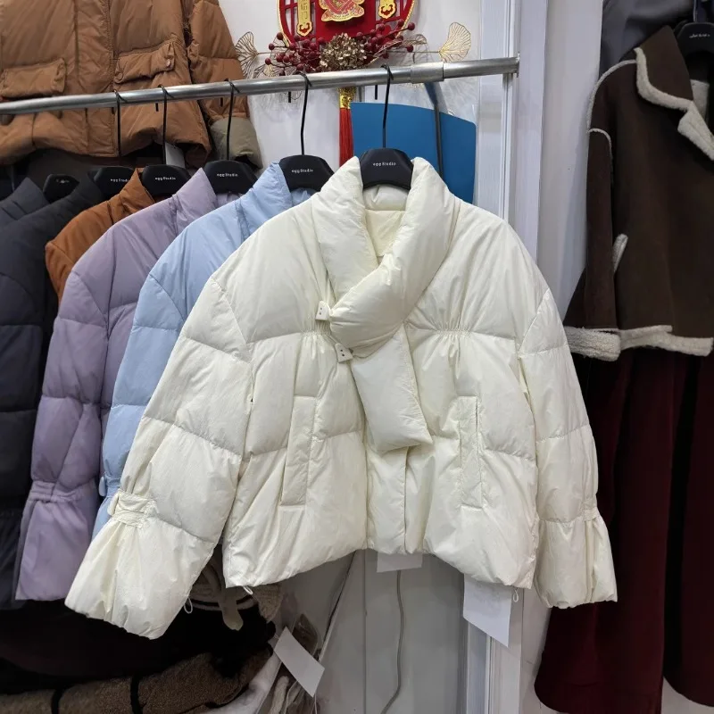 Women's Winter Tops Jacket Down Coat White Duck Down Scarf Cowl Button Warm Thickened Vintage Simple Comfortable New Soft Niche