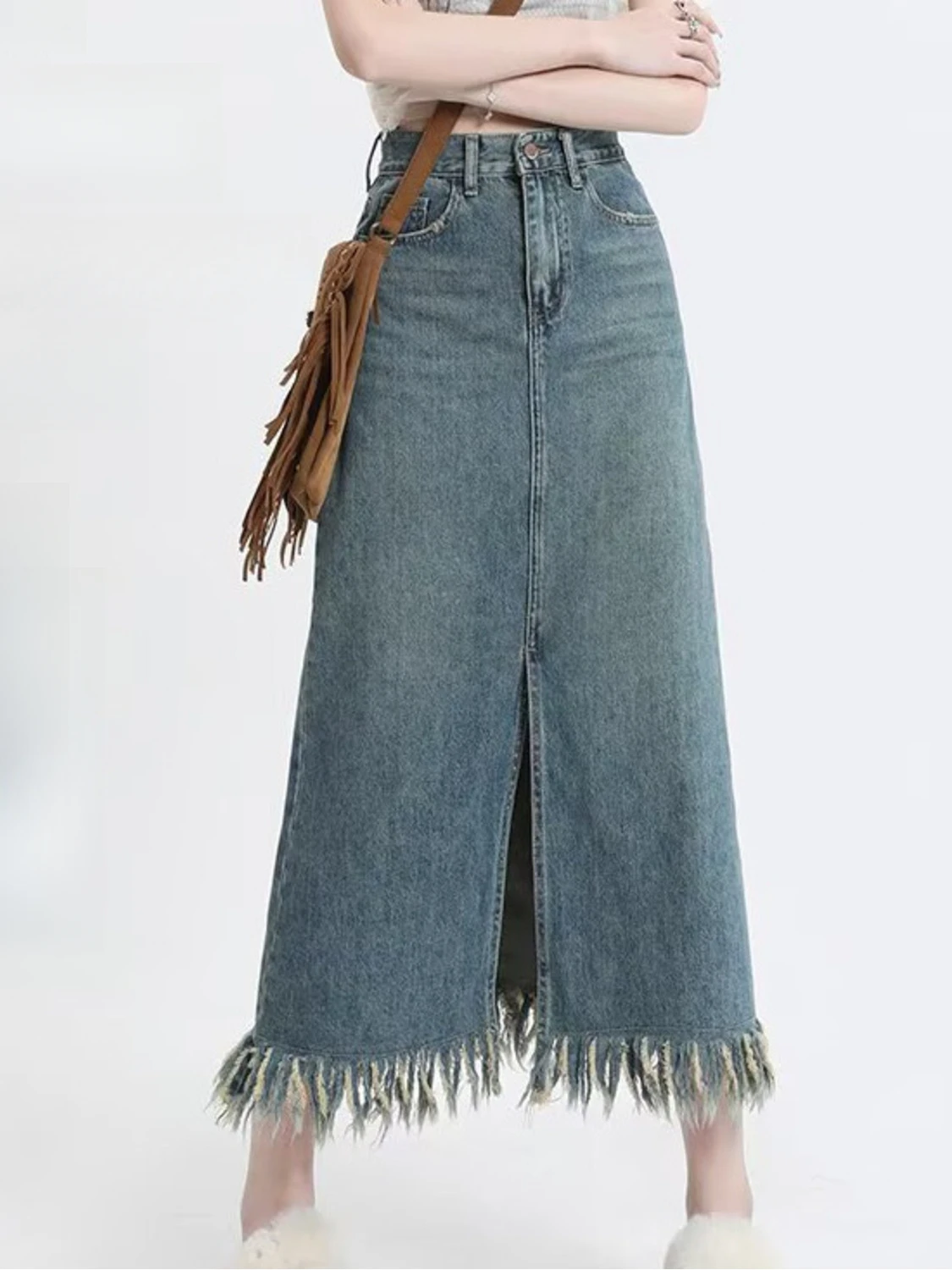 Women's High Waist Vintage Washed Denim Skort with Built-in Shorts Side Slit Mini Skirt - view 5