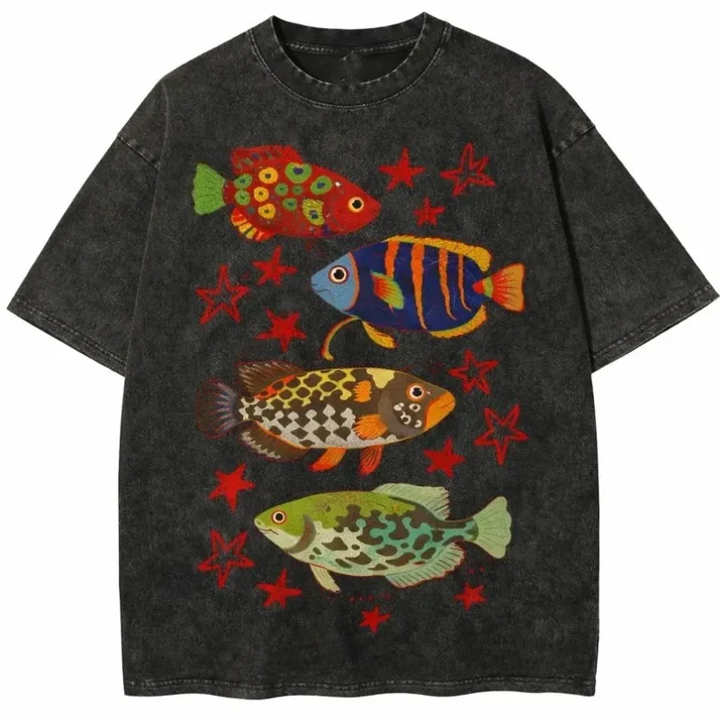 Vintage Washed Tropical Fish Print T-Shirt Colorful Aquarium Marine Life Tee Casual Loose Fit Short Sleeve Tops for Men Women