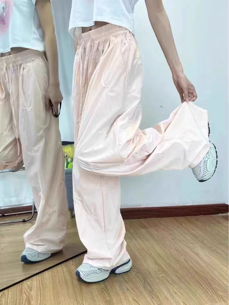 Summer lazy style retro vertical loose casual wide-leg pants women bow embroidery thin mopping pants chic straight trousers