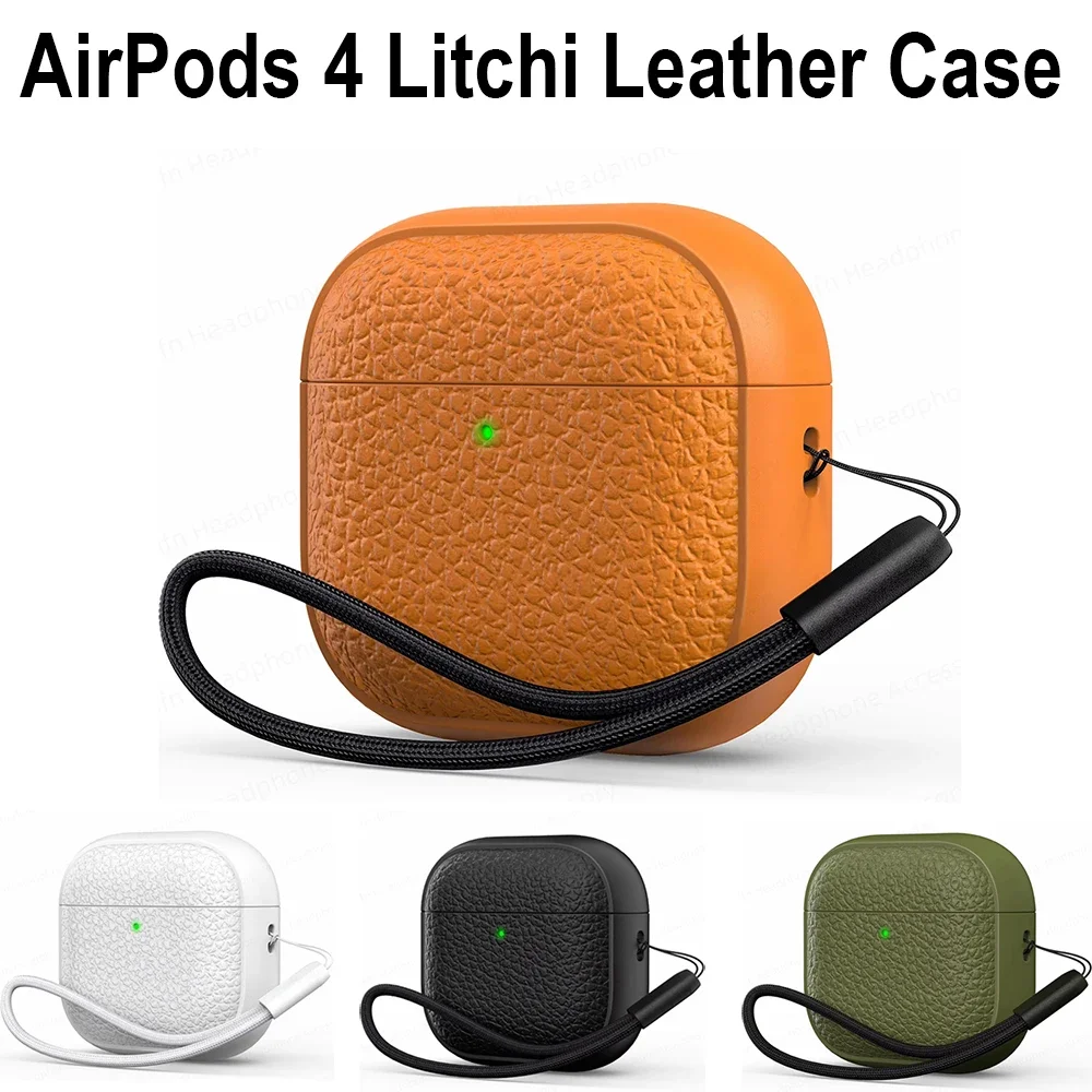 For AirPods 4 Lichee Leather Case with Lanyard Accessories Business Type for Men Women Apple AirPods Headphone Protective Sleeve