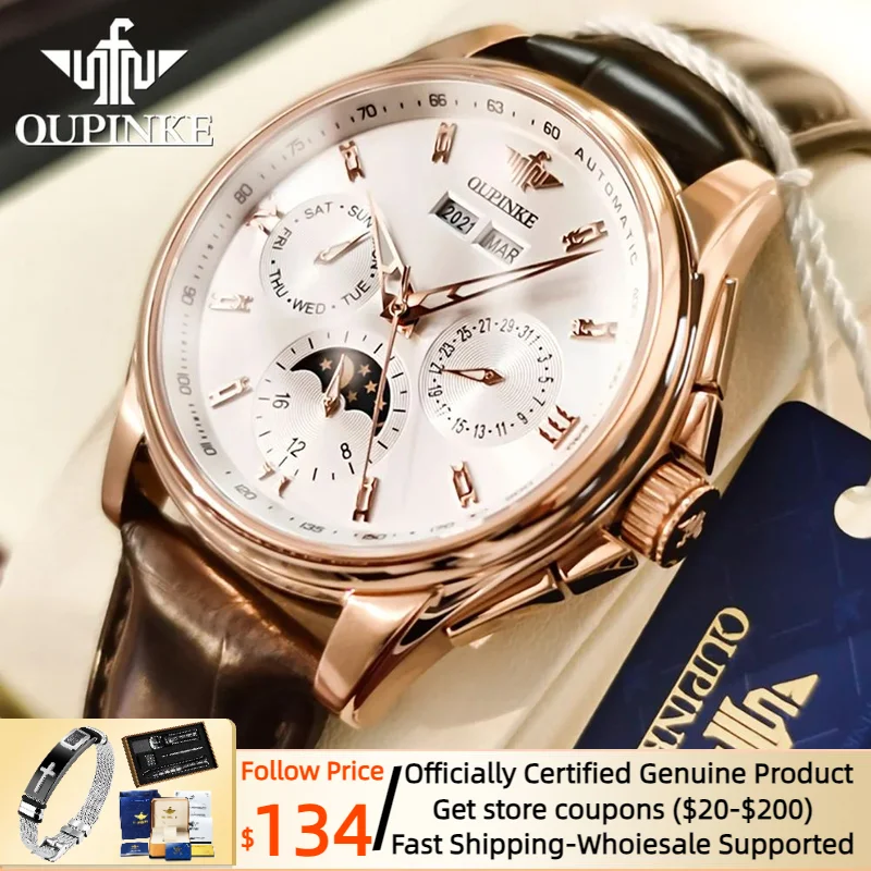 OUPINKE Swiss Top Brand Automatic Watch for Men Leather Strap Classics Wristwatch 3189 Calendar Moon phase Men's Watch Original