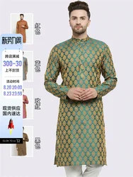 B7-1-3 Indian imported men's clothing ethnic style silk jacquard dark pattern medium long traditional clothing top thin 5-color