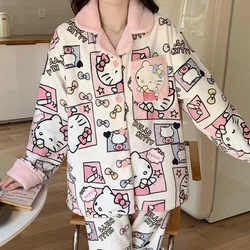 Sanrio Hello Kitty Winter Coral Fleece Lapel Cardigan Women's Pajamas Thickened Warm Long Sleeve Comfortable Homewear Set