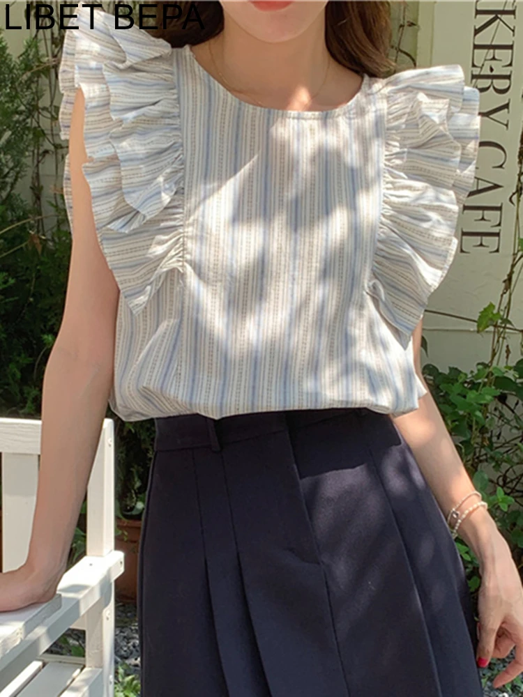 

BL10033 New 2023 Shirts Flying Sleeve Striped Vintage Korean Fashion Elegant Lady Chic Sweet Women Spring Summer Blouses Tops