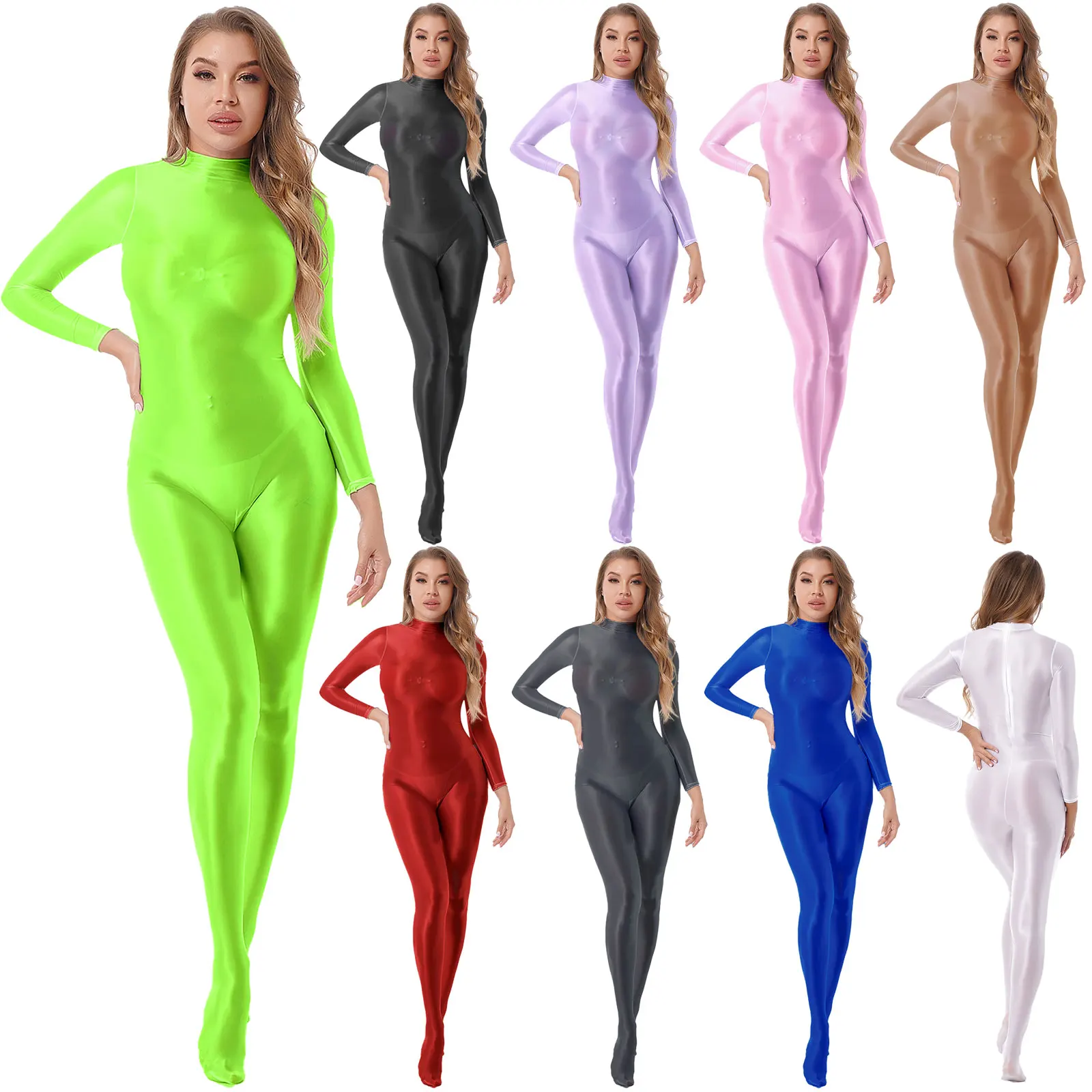 Tuta intera da donna lucida con scollo a lupetto manica lunga con cerniera sul retro tuta intera Catsuit Biketard Unitard calze Skinny