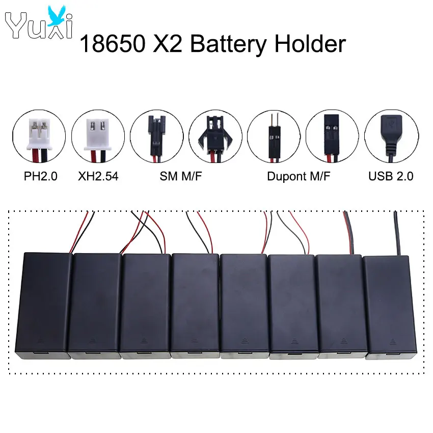 YuXi 1 Piece 18650 Battery Holder 2 Slots Power Bank With Leads PH2.0/XH2.54/SM/Dupont/USB2.0 Plug Terminal ON/OFF Switch Cover