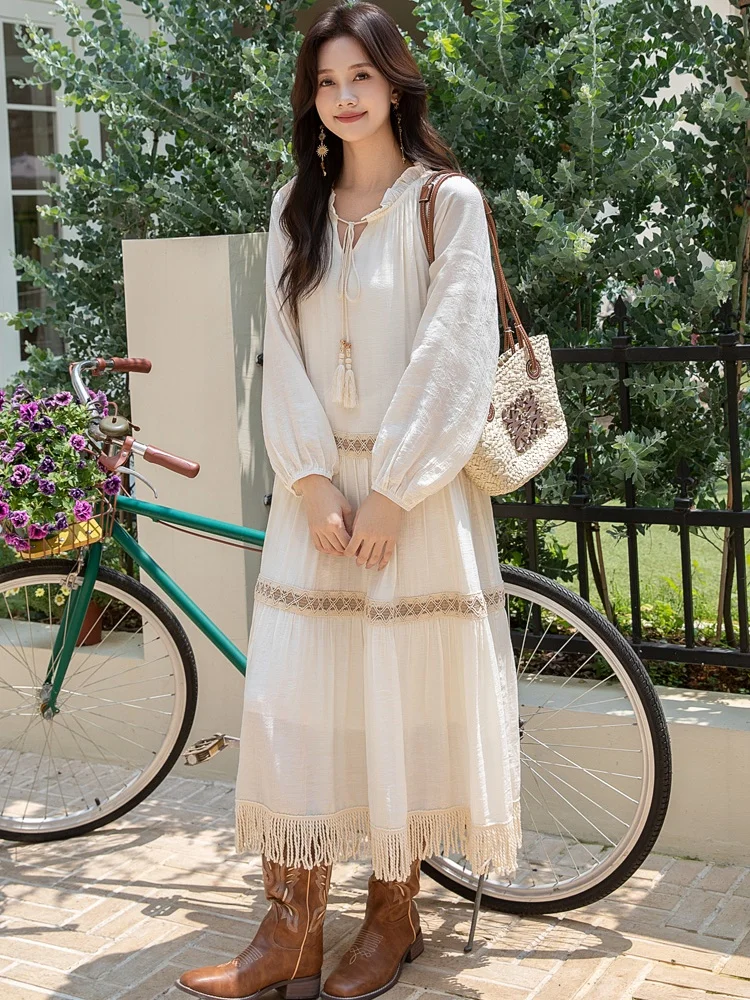 

SMTHMA Women 2025 Spring V Neck New Vacation Style Long Dress Women's Elegant Full Sleeve Women's Dress Casual Dress