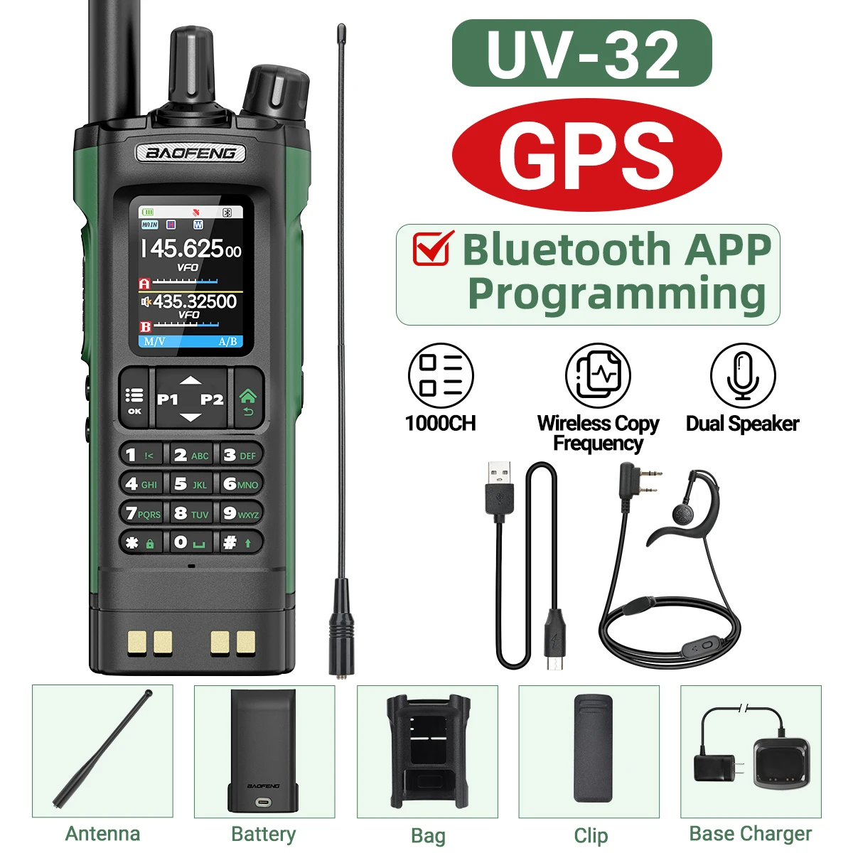 BAOFENG UV-32 GPS Walkie Talkie 10W Multi Band Bluetooth Programmering Draadloze Kopieerfrequentie NOAA Lange afstand Ham Two Way Radio