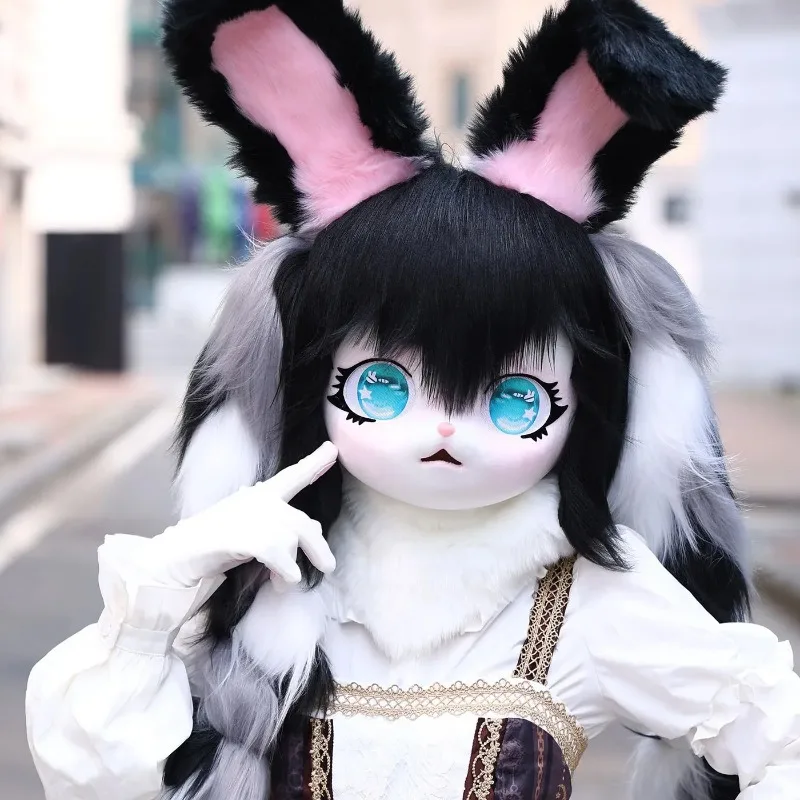 Fursuit cabeza Kigurumi Kig máscara peluda disfraz Cosplay pata cola Comiket cabeza peluda conejo muñeca Animal Cosplay disfraz chico regalo
