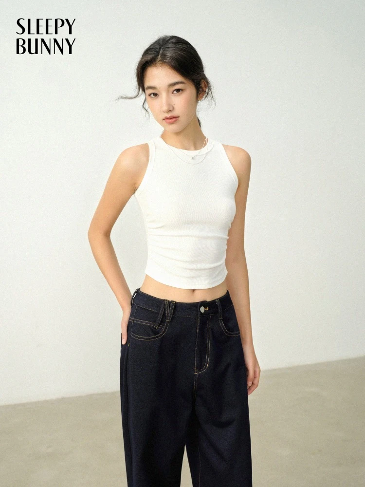 

Elegant Slim Fit Tank Top Stretch Ribbed Knit Vest Women Summer Sleeveless Round Neck Cropped Camisole Basic Outfit Casual Wear