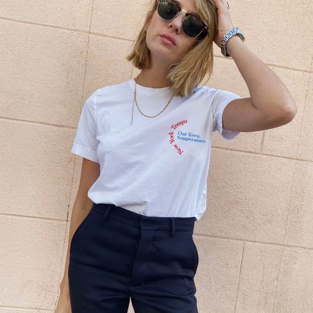 New York Lives Tempo Pocket Letters Printing Women Graphic Tees Summer White Cotton Short Sleeve Tops Loose Casual Retro T Shirt