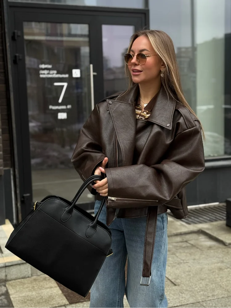 

Woman Chic Brown Leather Jacket With Belt Chic Long Sleeve Laple Zipper Short Coats 2025 Autumn New Ladies Street Biker Jackets