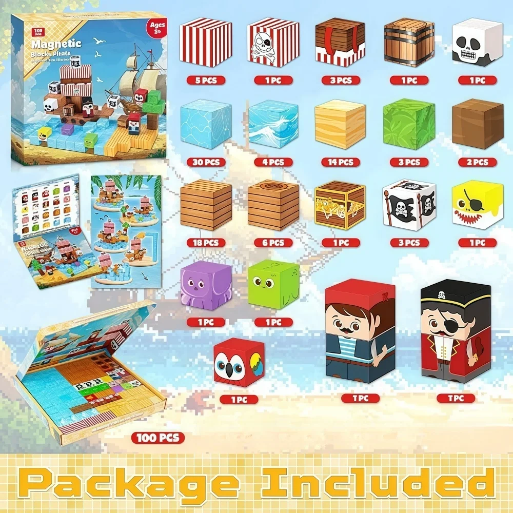 Piastrelle magnetiche per nave pirata 100 pezzi Kit di montaggio gratuito STEM Creativo 3D Decorazione nautica Regalo per bambini Compleanno Natale Sorpresa