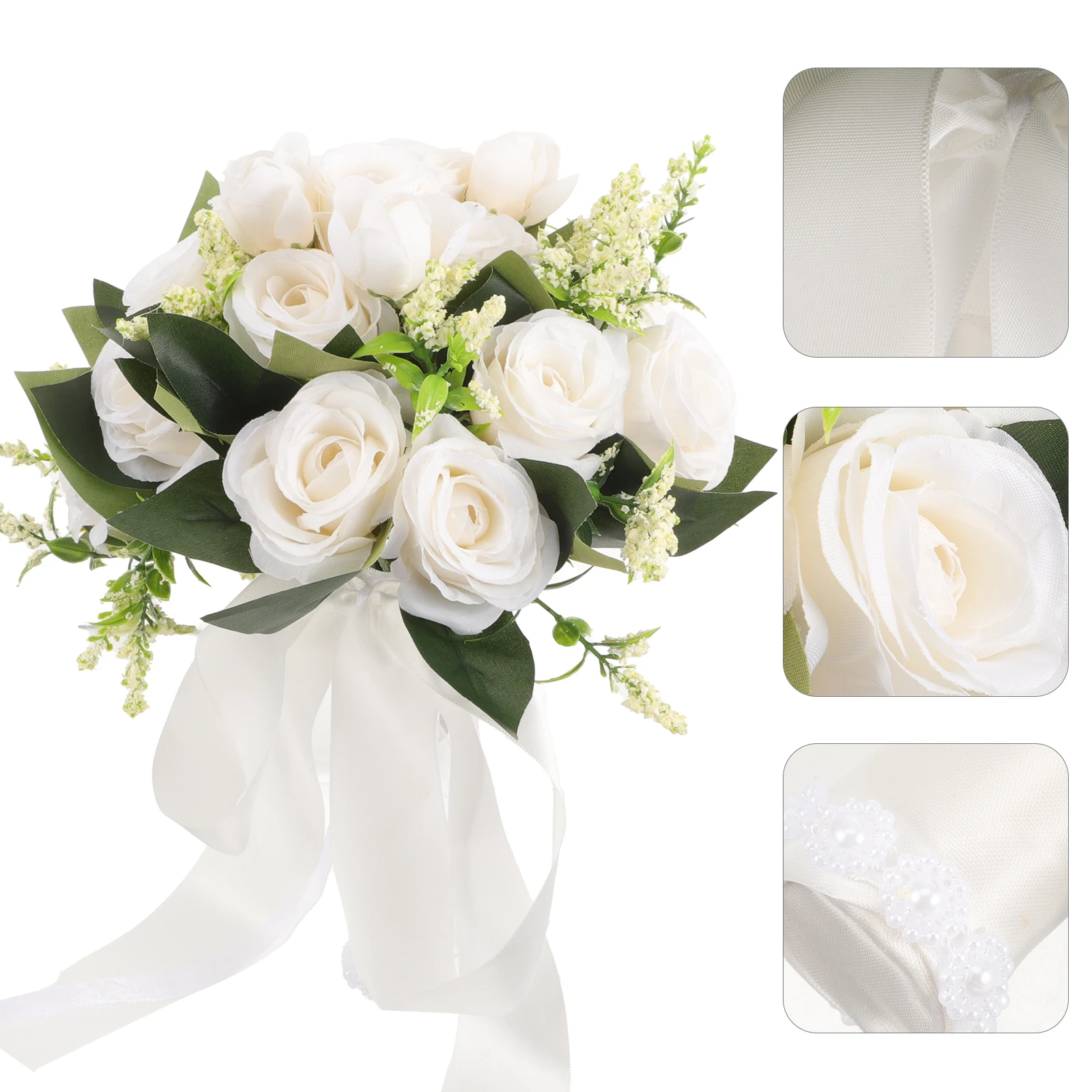 

White Bridesmaid Bouquet Rose Bow Decor Bridal Photo Props Artificial Wedding Flowers Home Party DIY Decoration