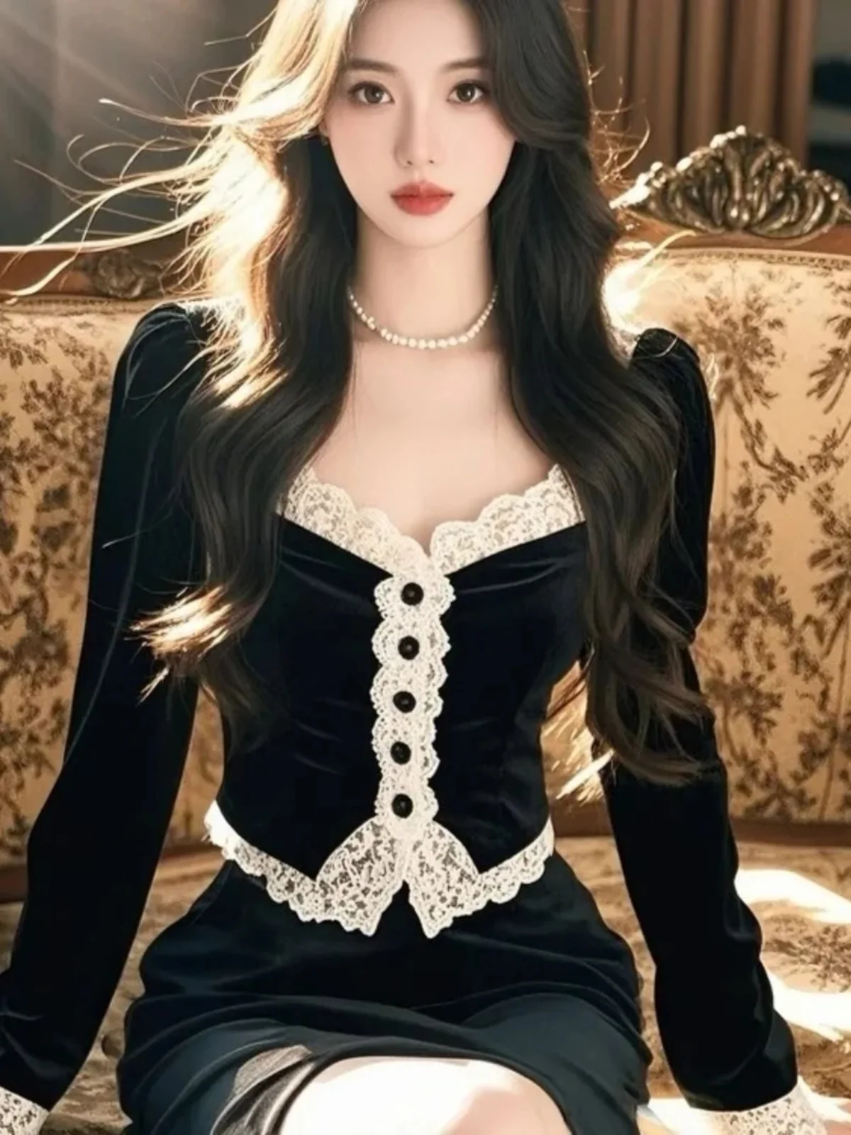 

Ele Bla Velvet Long Sve irt Женская мода Высококачественная красивая верхняя одежда Advanced Sense Осень Зима Новое поступление