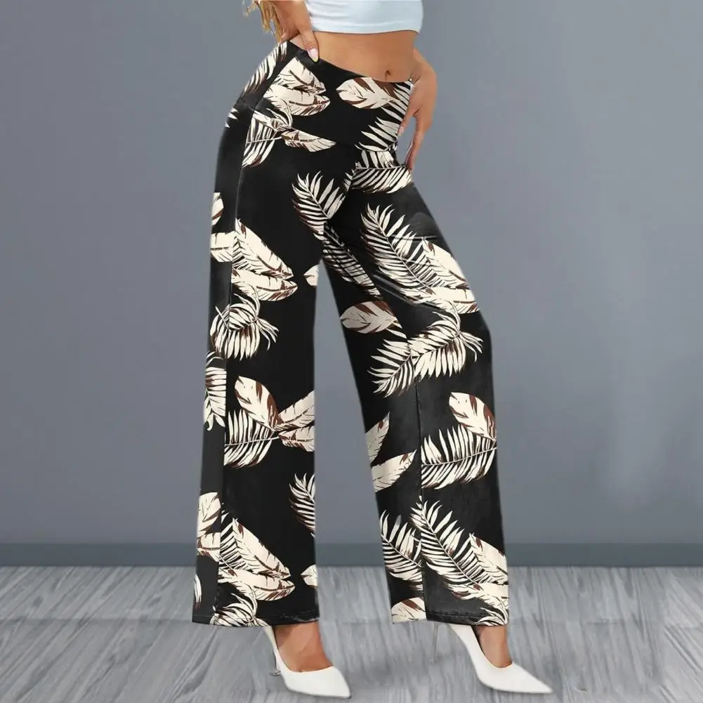 

Women Casual Pants Leaf Print Elastic High Waistband Wide Leg Long Pants Stretchy Straight Office Trousers Streetwear