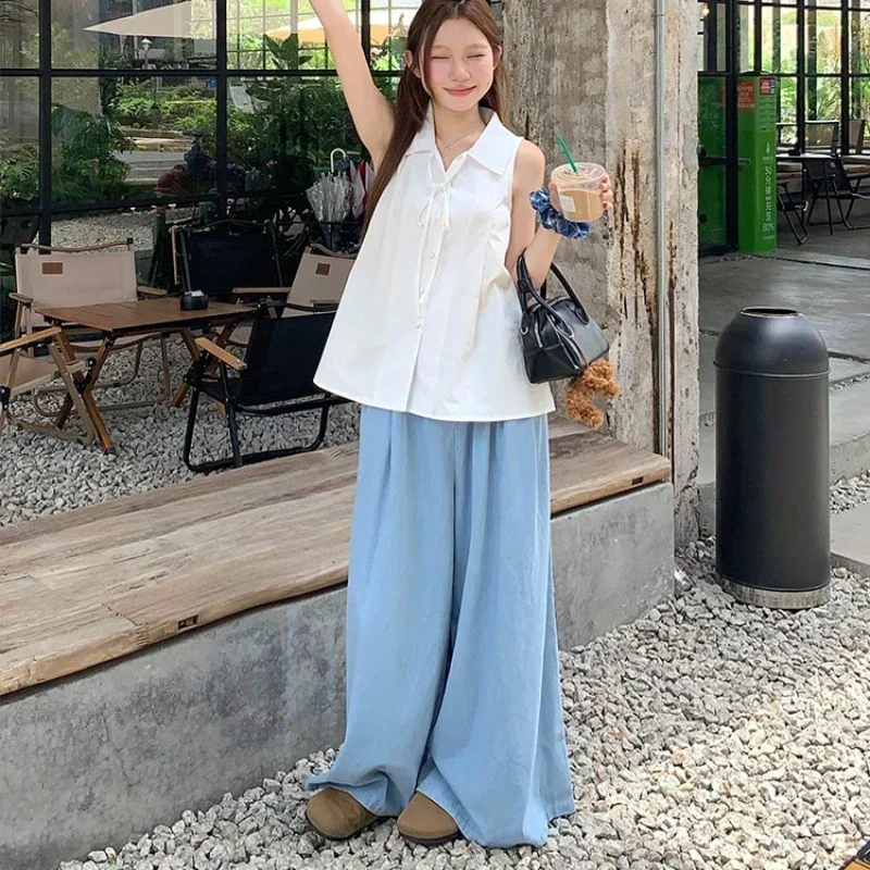 Camisa blanca básica sin mangas para mujer, blusas con cordones a la moda coreana con botones y cuello vuelto, blusas holgadas informales de verano