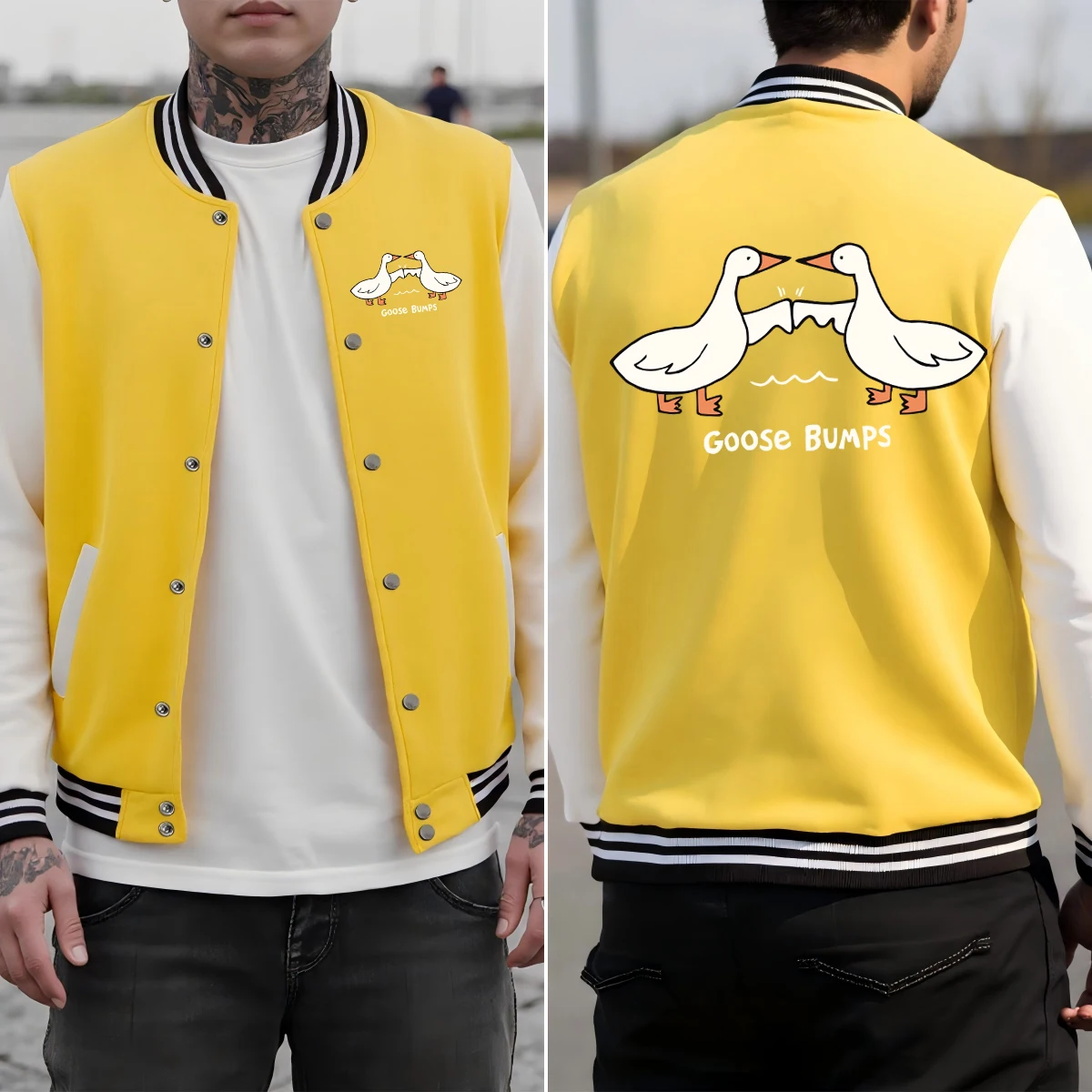 

Creative Cartoon Goose Print Streetwear Men Hip Hop Loose Baseball Uniform Colorful Cotton Jacket All-Match Autumn Tops