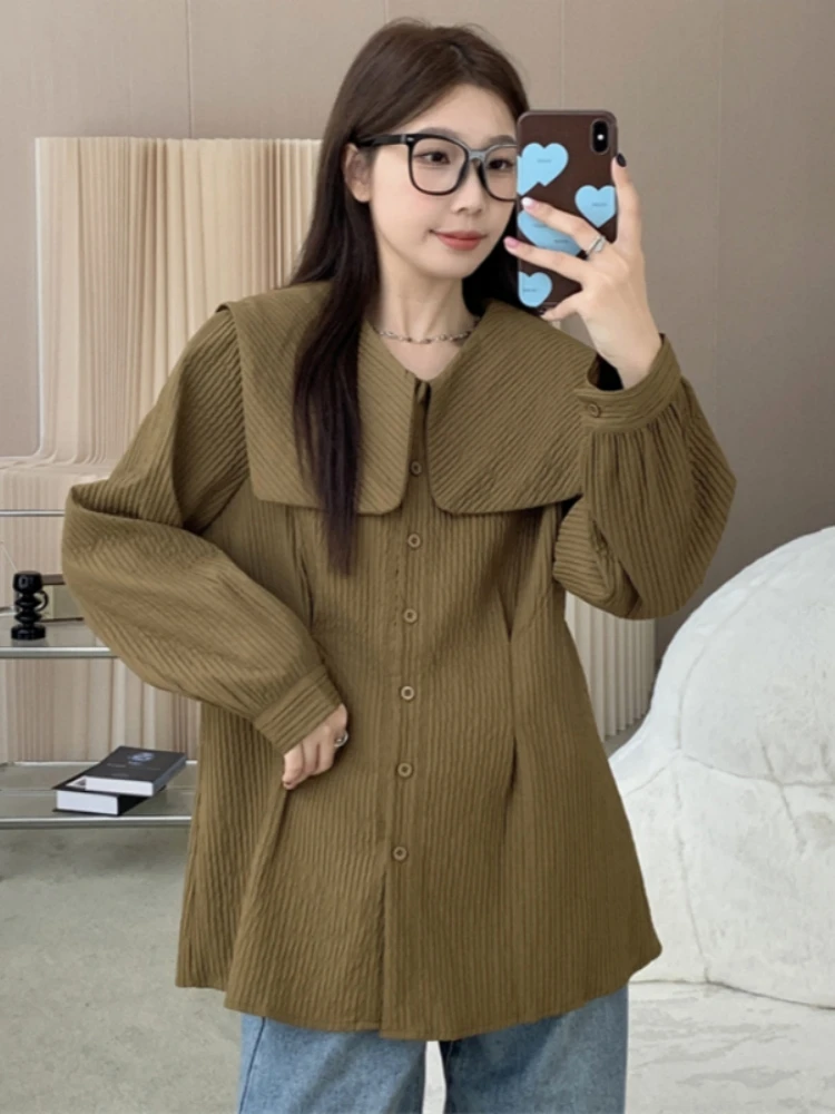 

Slimming Mid-Length Spring Autumn Navy Collar Shirt Women's plus Size Cover Butt Top Korean Style Long Sleeve Loose Fit