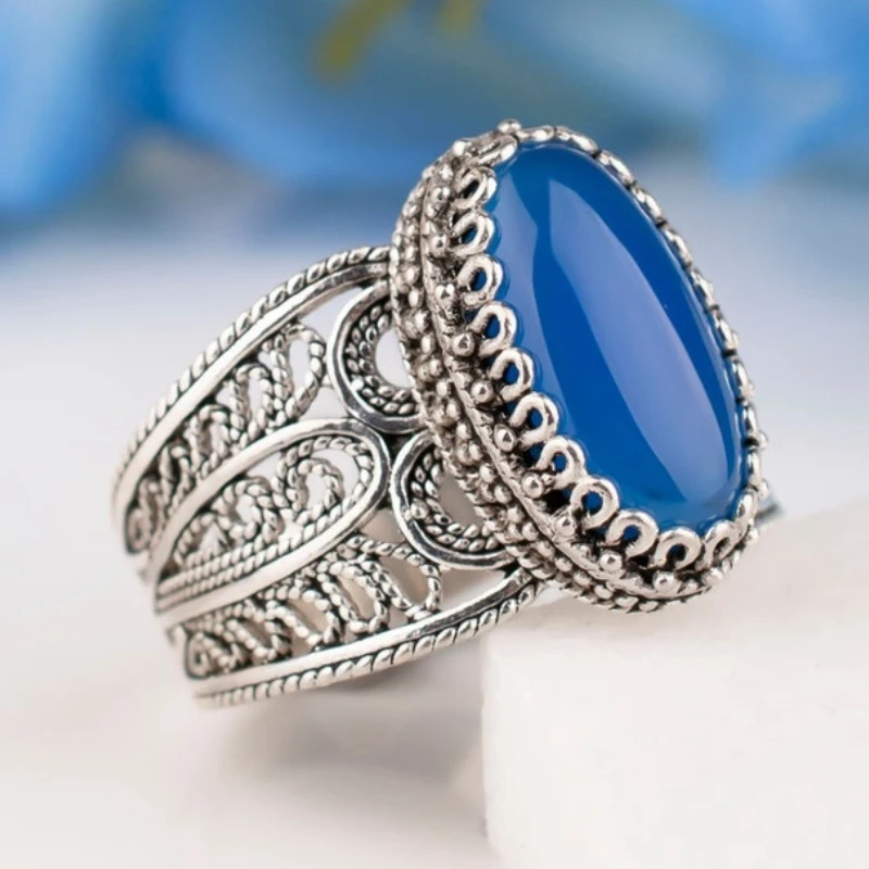 

Blue Agate Gemstone Artisan Crafted Filigree Oval Silver Ring Women Jewelry Gifts