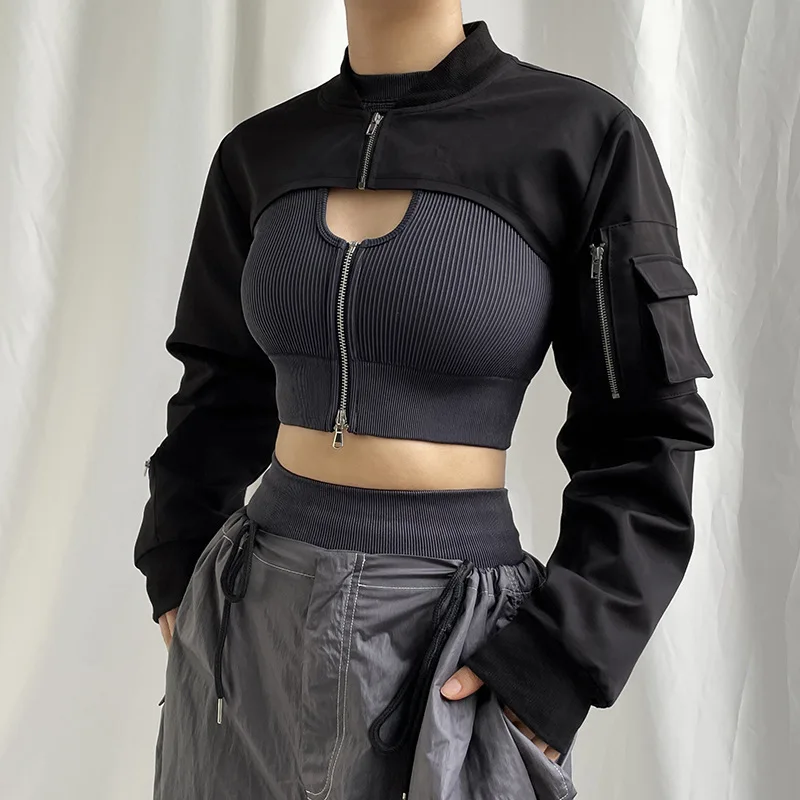 

Solid Color Personalized Zipper Splicing Long Sleeved Cover Shirt For Women's New Basic Slim Fit Ultra Short Spicy Girl Jacket