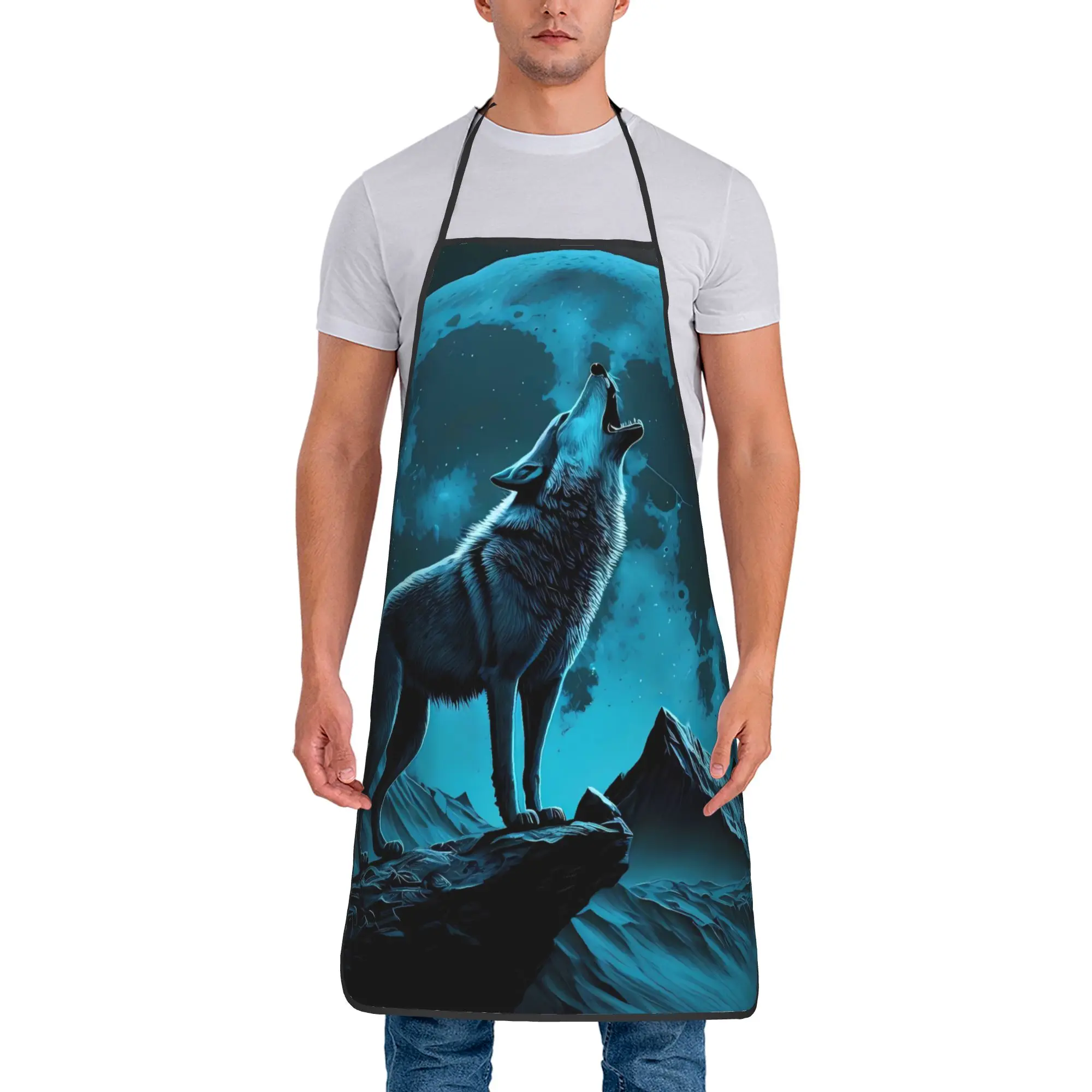 

Фартук с изображением волка и полной луны, милый, для кухни, маникюра, ресторана, без карманов