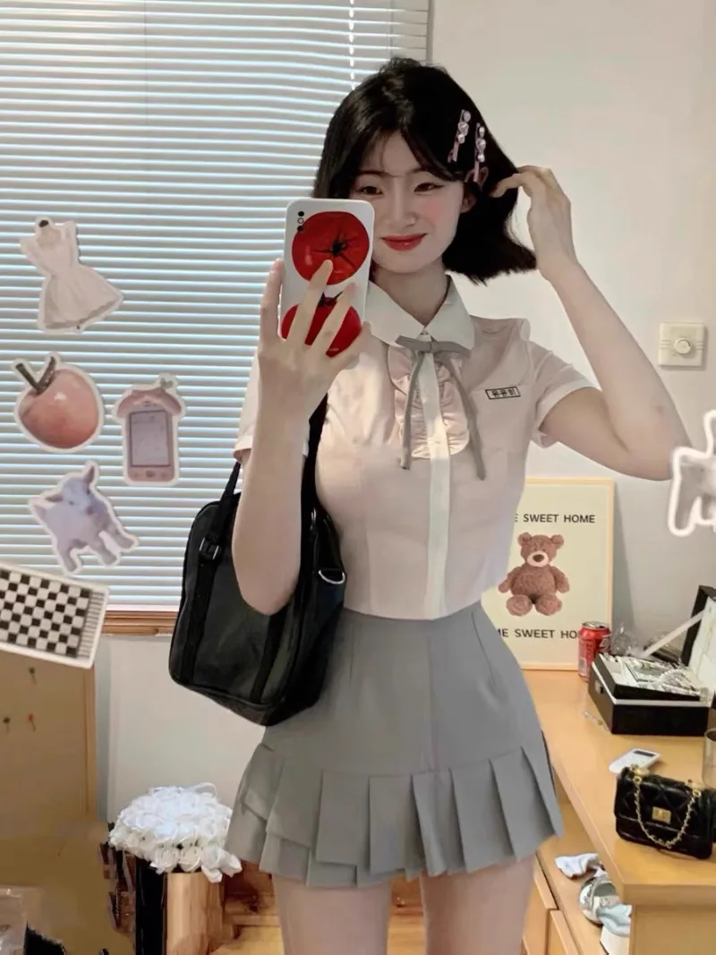 Korean  Sweet College Polo Neck Shirt Pleated Skirt Two-piece Set Women Irregular Ruffle Edge Gentle Spicy Girl Summer Slim Wear