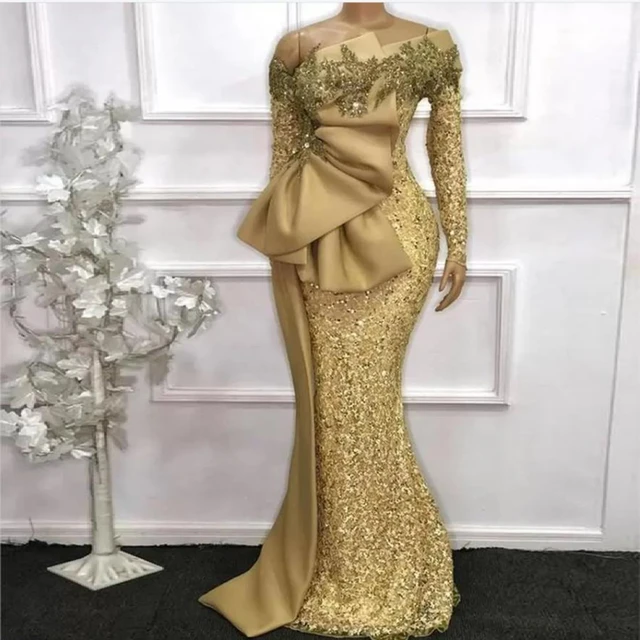 Robes de soiree sirene en dentelle pour femmes paillettes dorees scintillantes manches longues robe de soiree perlee grande taille quelle que soit la robe de soiree 2024 AliExpress