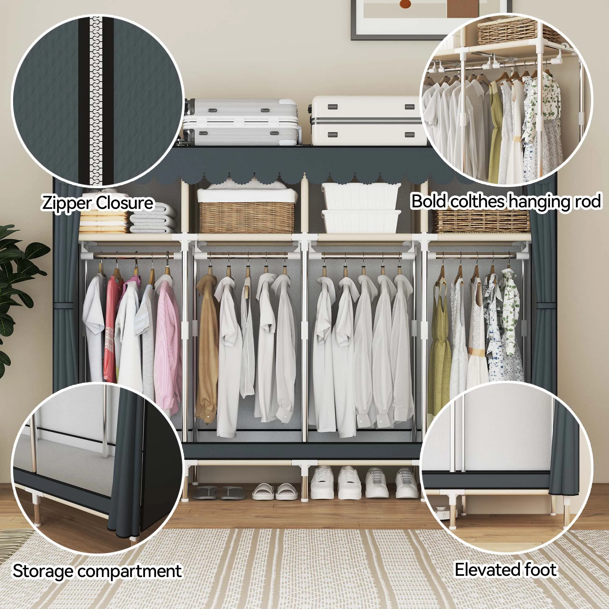 Heavy Duty Fabric Wardrobe 78.7x17.7x66.9in - 4 Hanging Rods & 4 Storage Spaces, 16mm Metal Frame with Thick Dust Cover image 6
