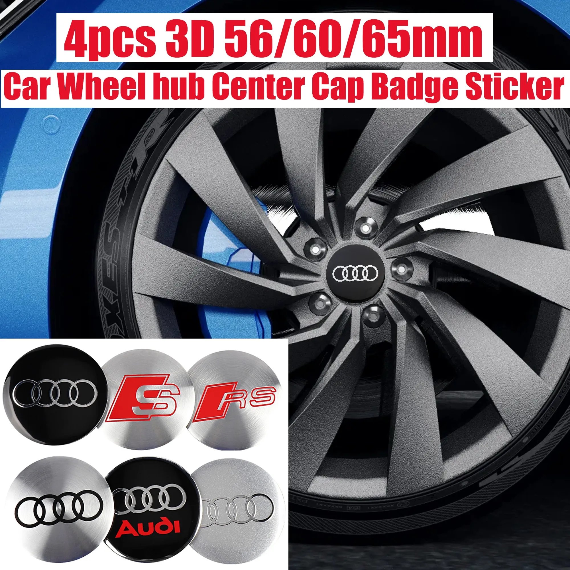 4-teiliges 3D-Styling 56/60/65mm Auto-Emblem Radnabenkappen-Abzeichen Aufkleber für Audi Sline quattro RS A7 TT B9 8V A1 A5 S4 Q7 S3 8P