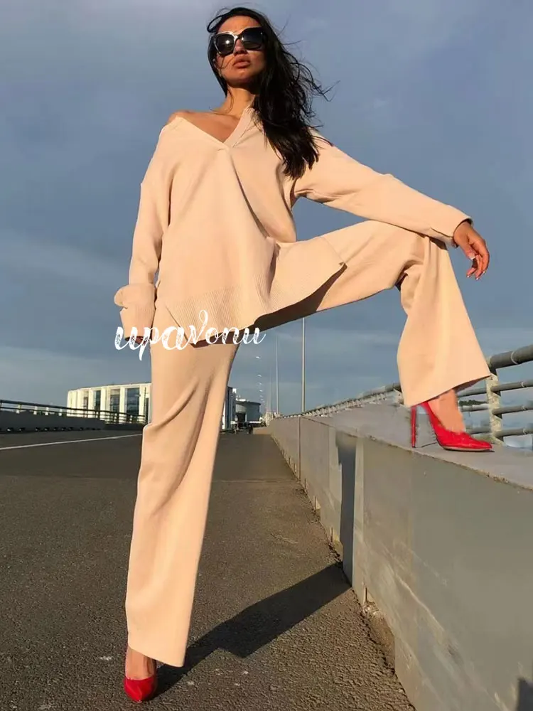 

Casual Autumn Loose Knit Sweater Set 2022 Fashion V-Neck Long Sleeve Pullover Knit Sweater & Straight Pants Two Piece Set