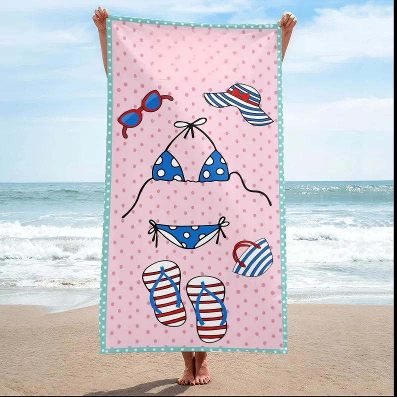 Cute Bikini & Beach Gear Print Beach Towel, Super Absorbent Quick Dry Microfiber Bath Towel, Polka Dot Design Bath Towel