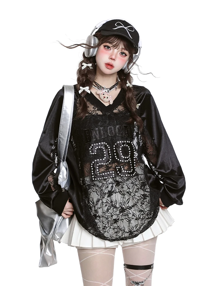 

Lace Patchwork V-Ne Long Sve T-irt Women's Loose Lazy Sle Hollow out Design Thin Autumn Baseball orm Top