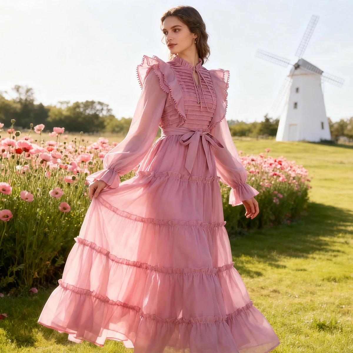 Ele Lange Chiffon Plissee Design Spleißen Spitze Dr. Sechs Farben Damen Faion Frühling Herbst Winter Lange Sve Ball...