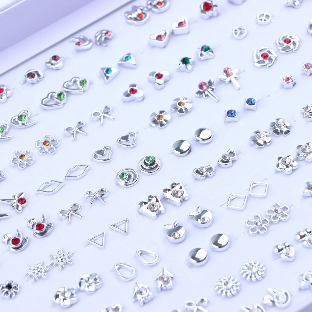 36Pairs/Lot Fashion Rhinestone Geometric Small Stud Earrings For Women Flower Heart Star Lady Jewelry Party Gifts Mixed Style