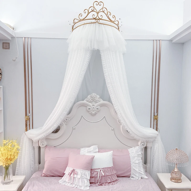 Princess Crown Mosquito Net Palace Bed Curtain Girl Children Room Decor Bedside Yarn Romantic Princess Tents Bed Canopy Valance